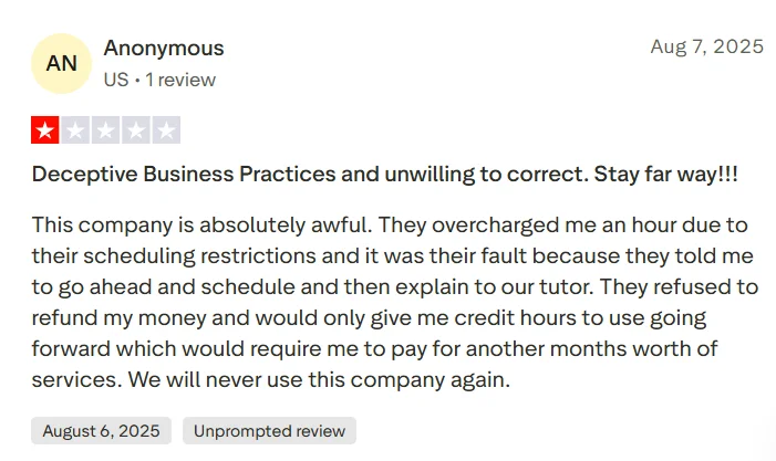 Negative Wyzant review complaining about scheduling restrictions, overcharge, and refund difficulty.