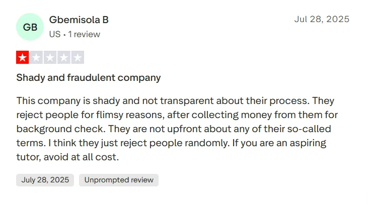 Wyzant negative Trustpilot review claiming lack of transparency in the tutor application process.