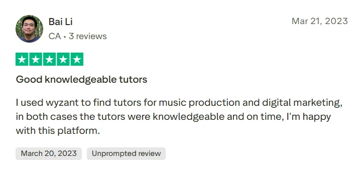 Wyzant Trustpilot positive review showing a student praising knowledgeable tutors for music production and digital marketing.