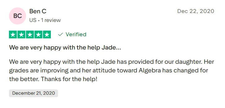 Wyzant tutoring review from Trustpilot where a parent says their daughter improved in algebra with tutor support.