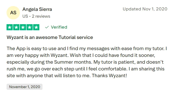 Wyzant Trustpilot review saying the app is easy to use and the tutor was patient during online tutoring.