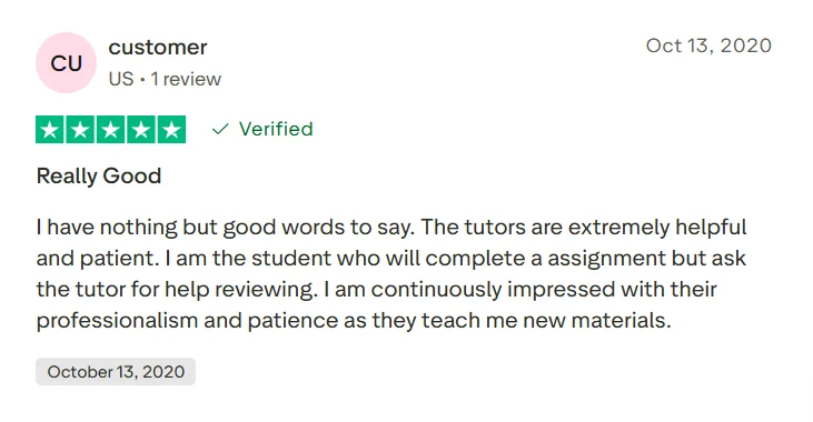 Trustpilot review of Wyzant praising tutors for being helpful, patient, and supportive with learning materials.