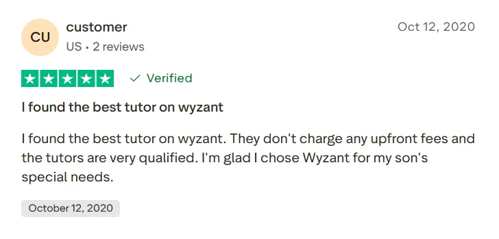 Positive Wyzant review saying tutors are qualified and there are no upfront fees before choosing a tutor.