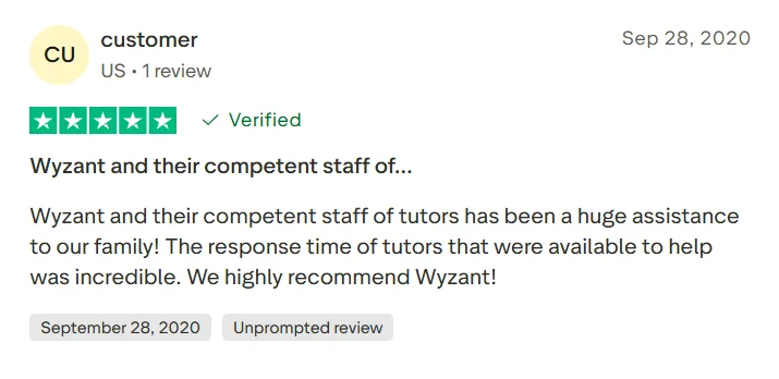 Wyzant Trustpilot review saying available tutors were helpful and responsive for family learning support.