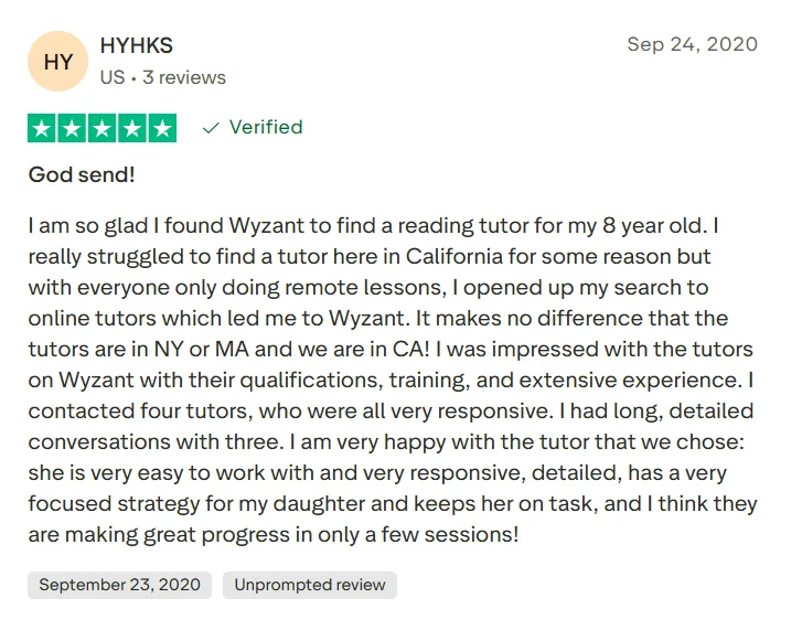 Positive Wyzant Trustpilot review from a parent describing reading tutor support for a child.