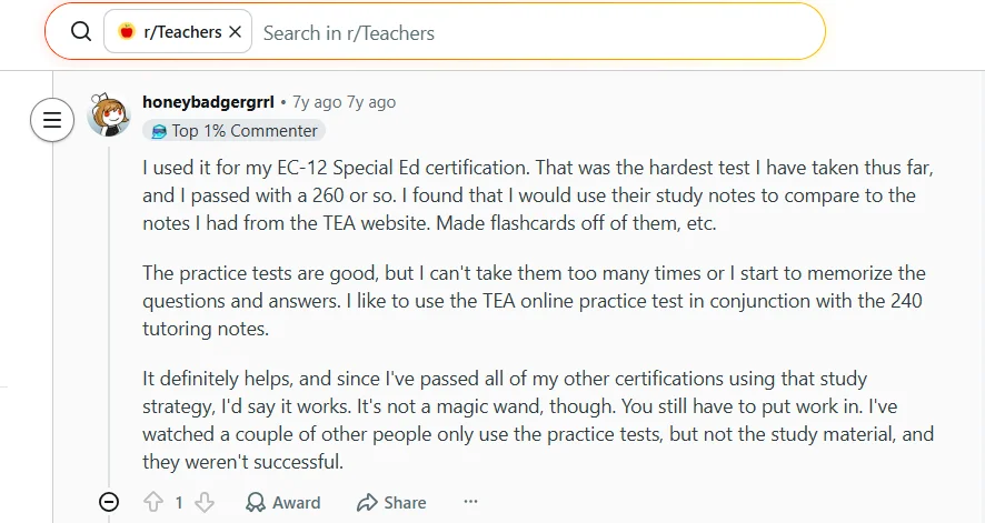 Reddit discussion where a user says they used only 240 Tutoring, completed notes, quizzes, and tests, and passed three exams