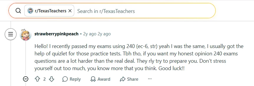 Reddit comment saying 240 Tutoring exam questions were harder than the real exam and helped the student prepare