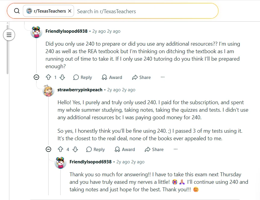 Reddit comment explaining how a student used 240 Tutoring notes with TEA resources, flashcards, and practice tests