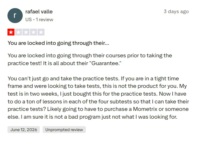 Negative Trustpilot review saying the user had to complete lessons before accessing 240 Tutoring practice tests