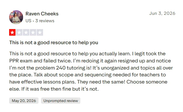 Negative Trustpilot review saying the user had to complete lessons before accessing 240 Tutoring practice tests