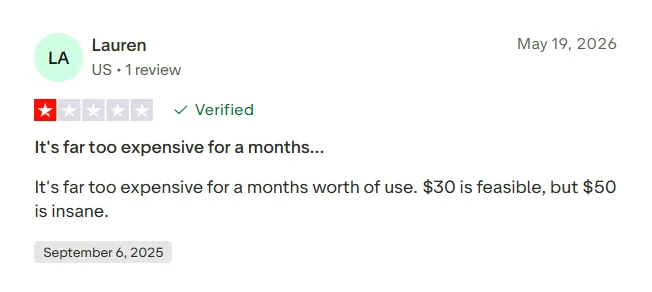 Negative Trustpilot review saying 240 Tutoring felt too expensive for one month of use.