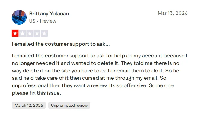 Negative Trustpilot review describing a customer support issue after asking for help with account deletion.