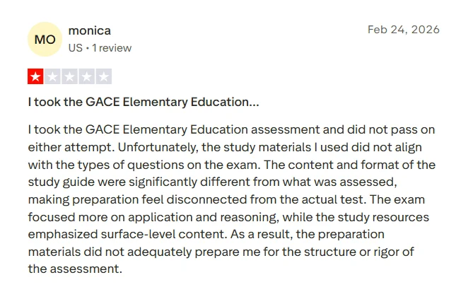Negative Trustpilot review saying 240 Tutoring materials did not align with the GACE Elementary Education assessment