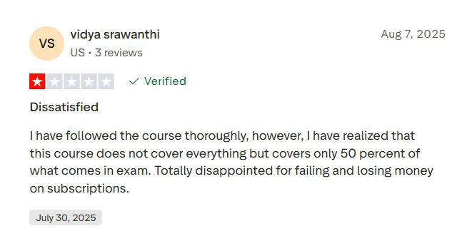 Negative Trustpilot review saying 240 Tutoring did not cover enough of what appeared on the exam