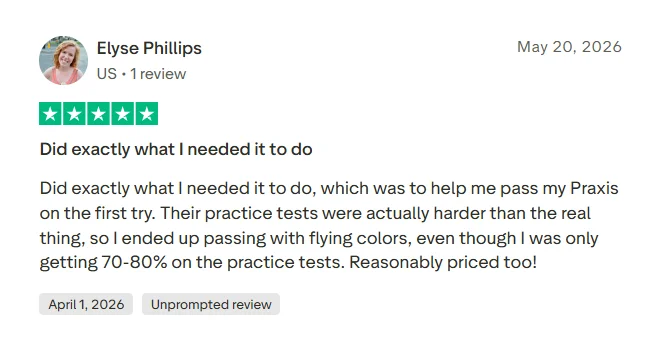 Trustpilot review from a Praxis test-taker saying 240 Tutoring helped them pass on the first try