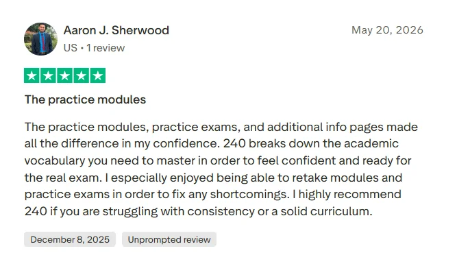 Trustpilot review praising 240 Tutoring practice modules, practice exams, vocabulary support, and confidence-building features