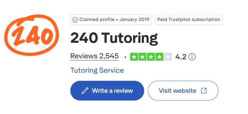 Trustpilot overview showing 240 Tutoring with a 4.2 rating and more than 2,500 reviews