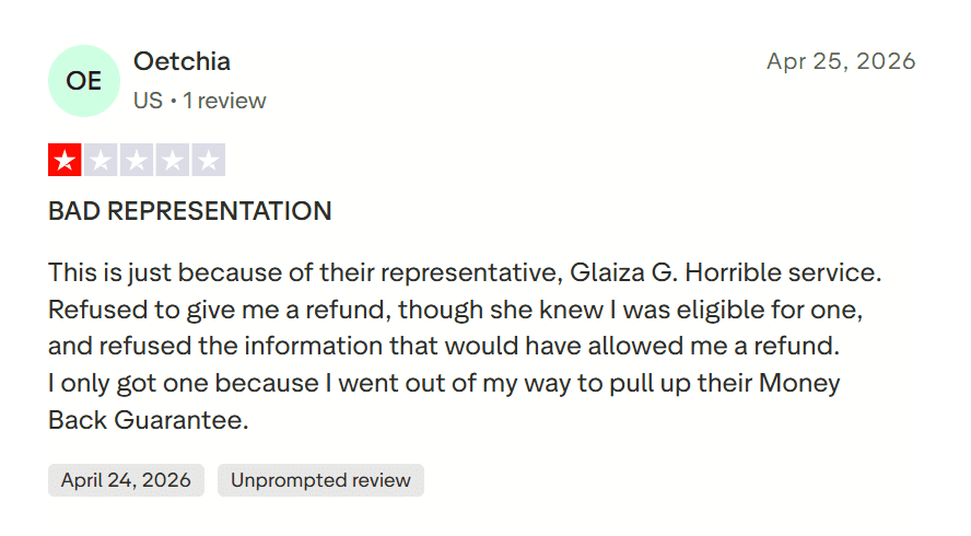 Course Hero negative review complaining about refund refusal and money back guarantee
