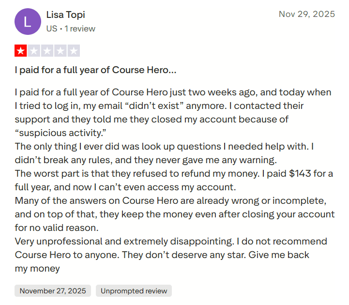 Negative Course Hero review complaining about annual subscription and answer quality