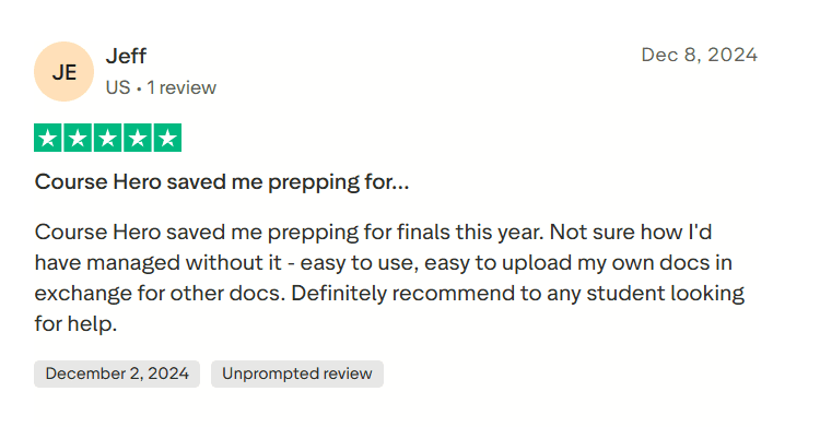 Positive Course Hero Trustpilot review saying the platform helped with final exam preparation
