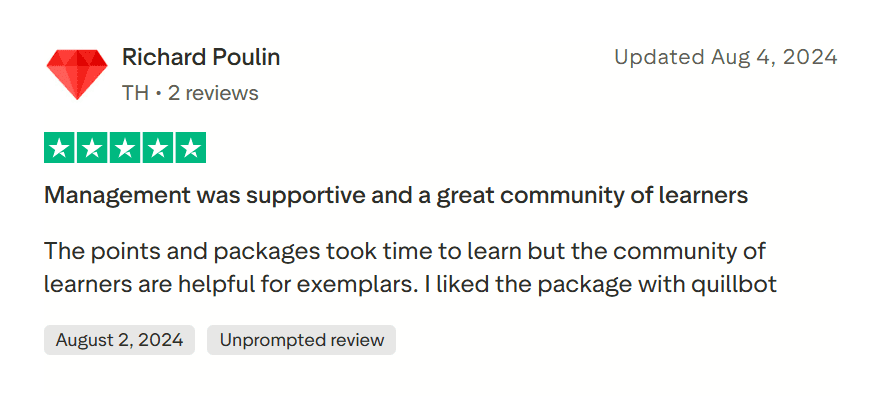 Positive Course Hero review describing supportive management and learning community