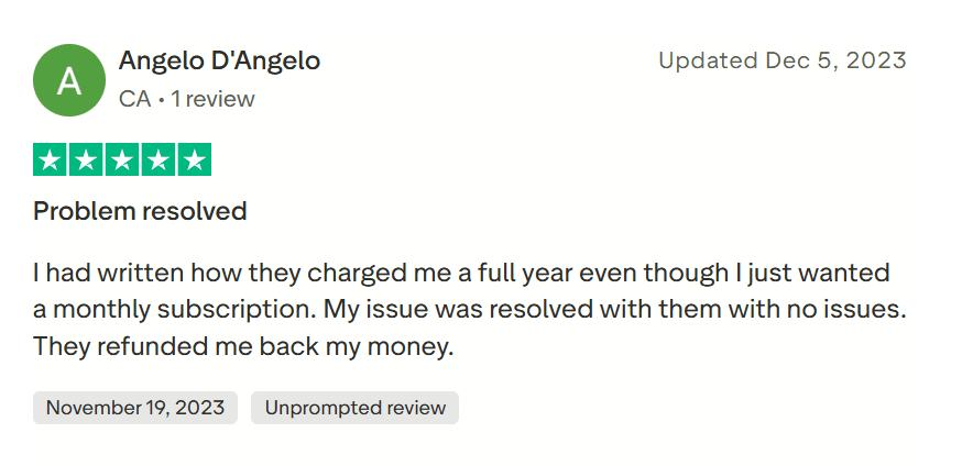 Course Hero positive Trustpilot review saying a refund problem was resolved