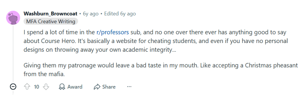 Reddit comment discussing Course Hero and concerns about professors or academic integrity