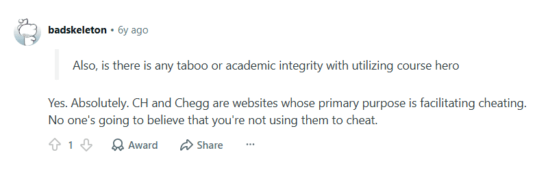 Reddit comment saying using Course Hero is only cheating if the main purpose is cheating