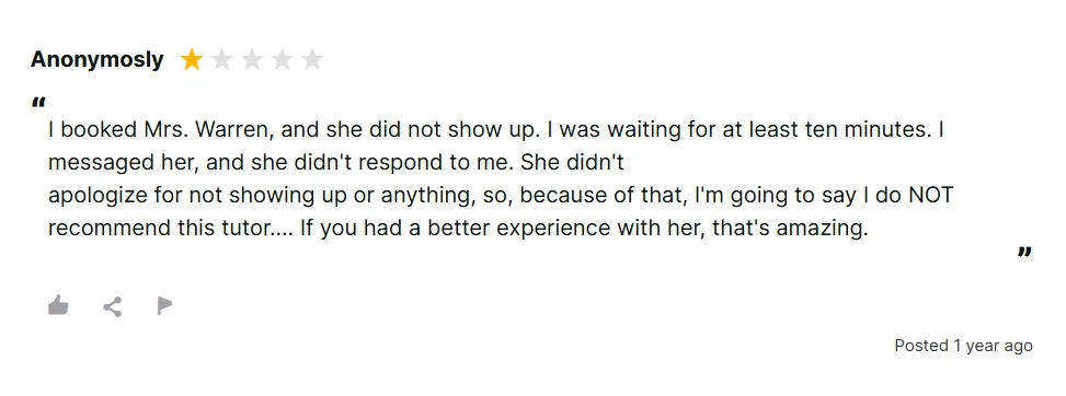 K12 Tutoring negative review from a parent raising concerns about inappropriate questions asked to a child during tutoring.
