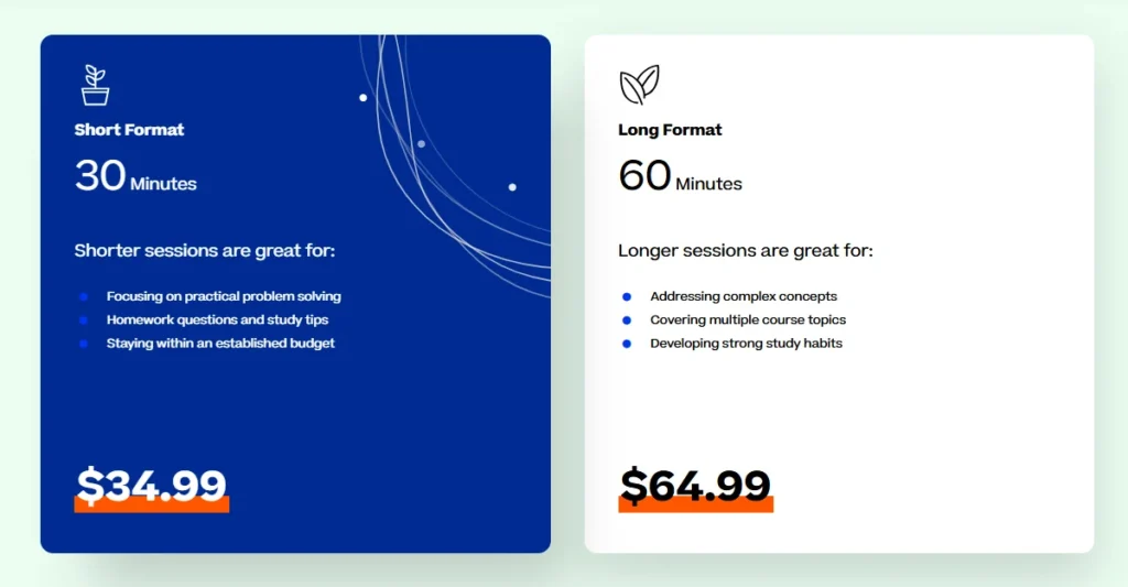 K12 Tutoring pricing screenshot showing 30-minute short format session for $34.99 and 60-minute long format session for $64.99.