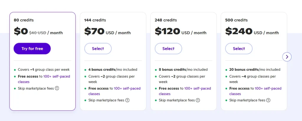 Outschool pricing showing monthly credit plans and group class access options