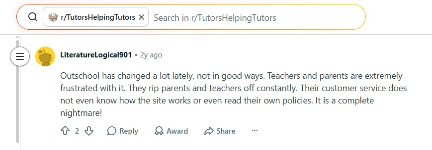 Reddit discussion screenshot about Outschool teachers and class quality