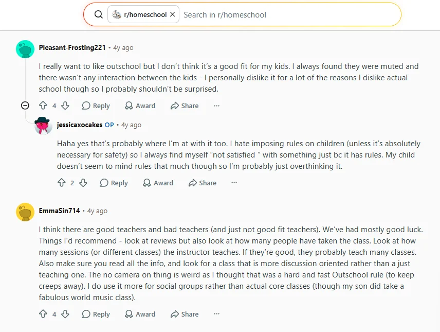 Reddit discussion screenshot sharing parent opinions about Outschool classes