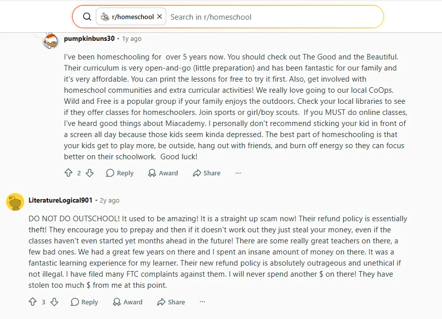 Reddit discussion screenshot showing mixed opinions about Outschool value and experience