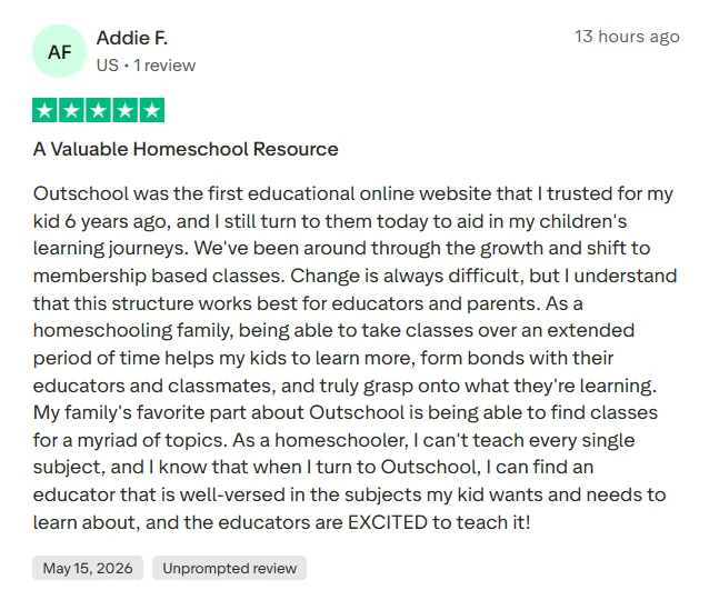 Positive Outschool Trustpilot review describing the platform as a valuable homeschool resource