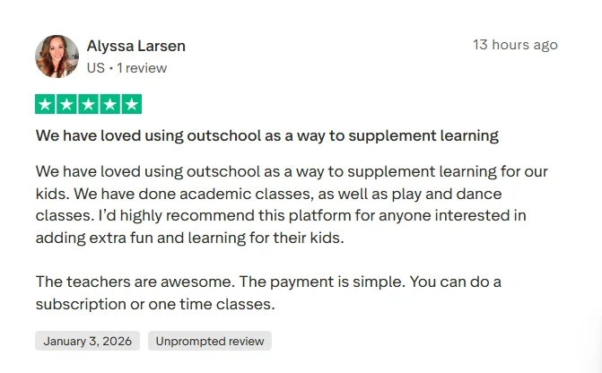 Positive Outschool review from a parent using the platform for supplemental learning