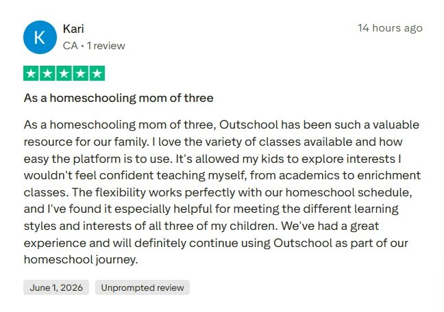 Outschool Trustpilot review from a homeschooling parent of three children