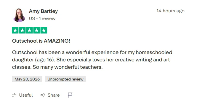 Positive Outschool review praising a wonderful learning experience for a homeschooled child