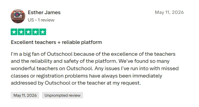 Positive Outschool review describing the platform as reliable and useful for many classes

