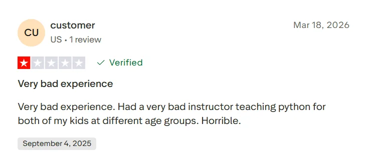 Negative Outschool review describing a bad experience with a beginner Python class