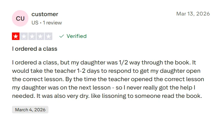 Negative Outschool review mentioning class cancellation and frustration