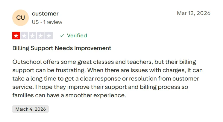 Negative Outschool review mentioning billing support needing improvement