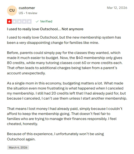 Negative Outschool review mentioning lost money and refund concerns