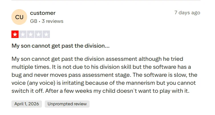 Synthesis Tutor Trustpilot complaint about the new tutor interface and reduced engagement