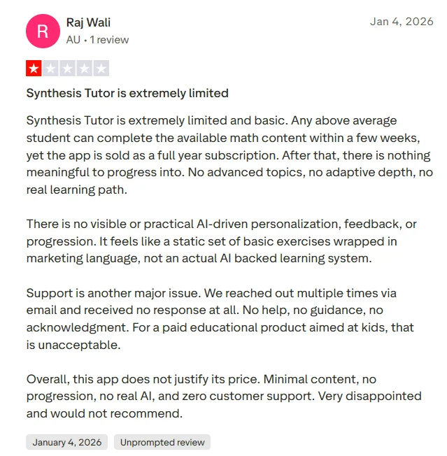 Synthesis Tutor Trustpilot review mentioning connectivity issues and disappointing class experience