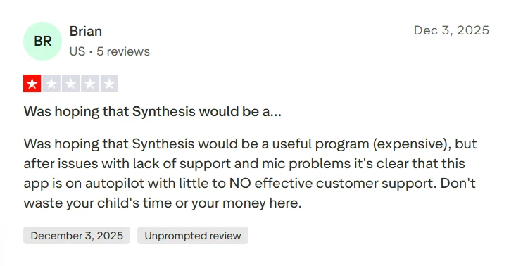 Synthesis Tutor Trustpilot complaint about disruptive group learning experience