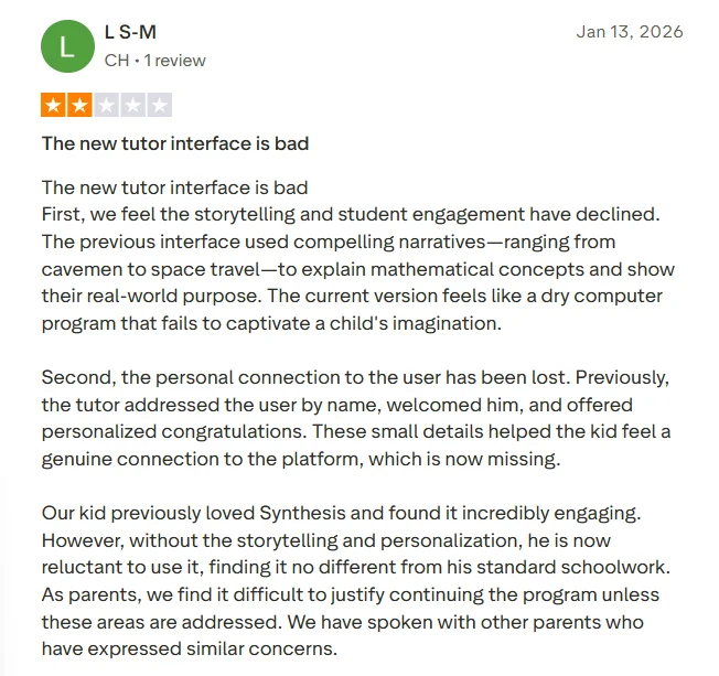 Synthesis Tutor Trustpilot complaint about child being stuck on division assessment due to a software bug