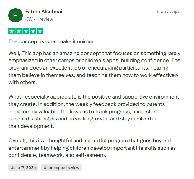 Synthesis Tutor Trustpilot review showing parent feedback about confidence and teamwork