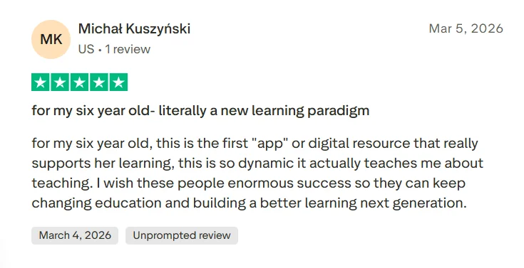 Synthesis Tutor Trustpilot review showing customer service and early math learning feedback