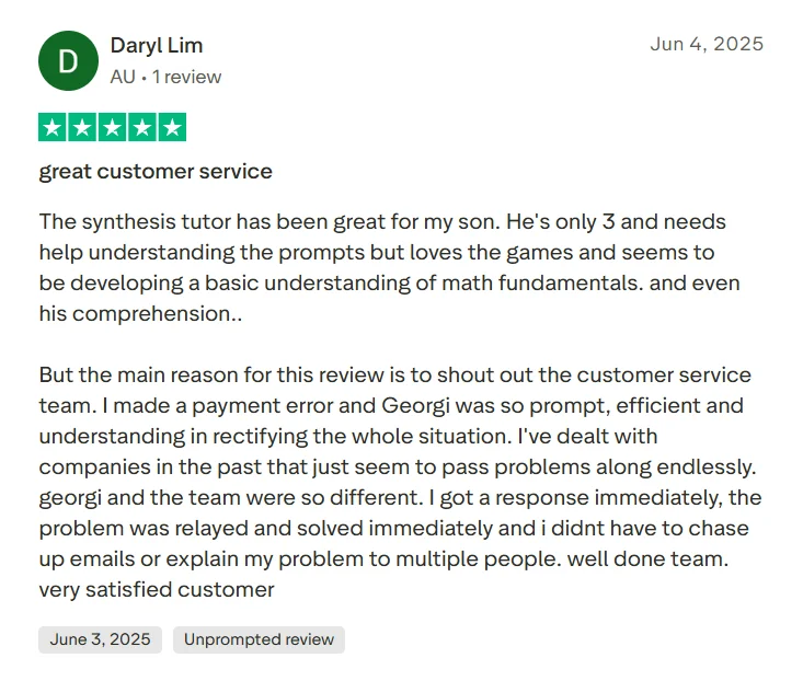 Synthesis Tutor Trustpilot review showing positive feedback about a six year old using the app